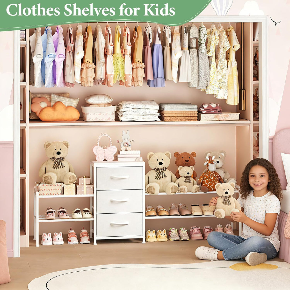 Expandable Closet Organizers and Storage, White Fabric Storage Dresser, 3 Drawer Dresser, Clothes Shelves for Kids, Purse Organizer Small Shoe Rack for Closet Bedroom(31.29~43.42 in)