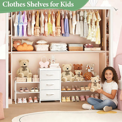 Expandable Closet Organizers and Storage, White Fabric Storage Dresser, 3 Drawer Dresser, Clothes Shelves for Kids, Purse Organizer Small Shoe Rack for Closet Bedroom(31.29~43.42 in)