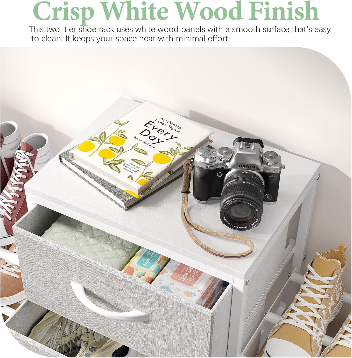 Expandable Closet Organizers and Storage, White Fabric Storage Dresser, 3 Drawer Dresser, Clothes Shelves for Kids, Purse Organizer Small Shoe Rack for Closet Bedroom(31.29~43.42 in)