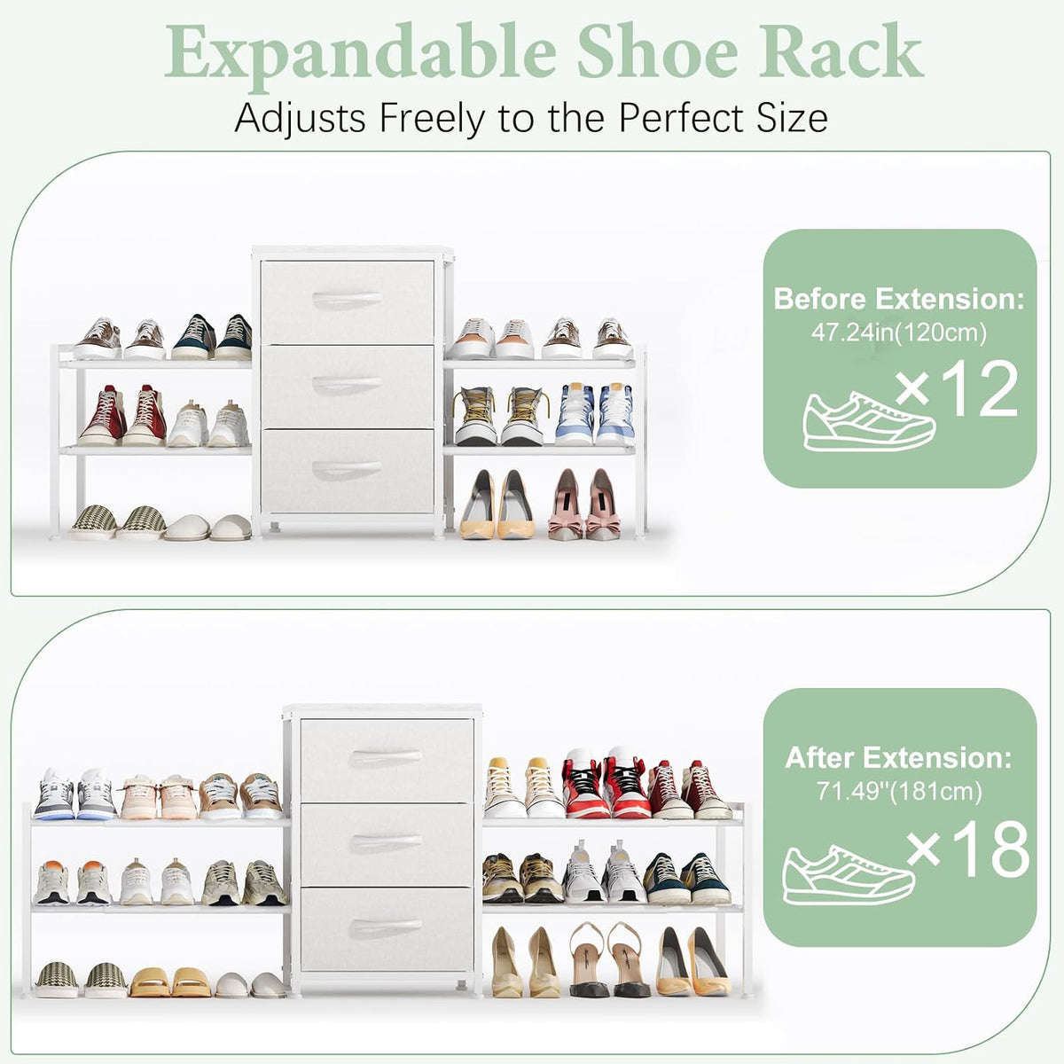 Expandable Closet Organizers and Storage, White Fabric Storage Dresser, 3 Drawer Dresser, Clothes Shelves for Kids, Purse Organizer Small Shoe Rack for Closet Bedroom(31.29~43.42 in)