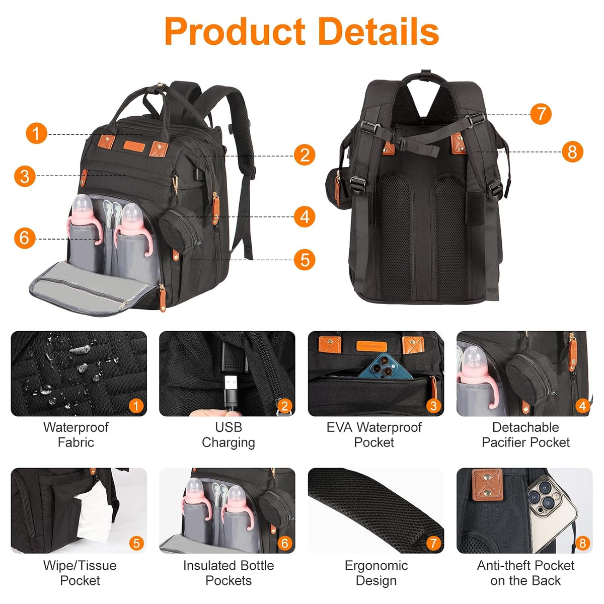 Diaper Bag Backpack with Changing Station, Black