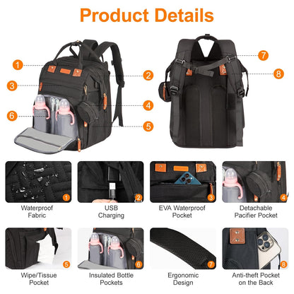 Diaper Bag Backpack with Changing Station, Black