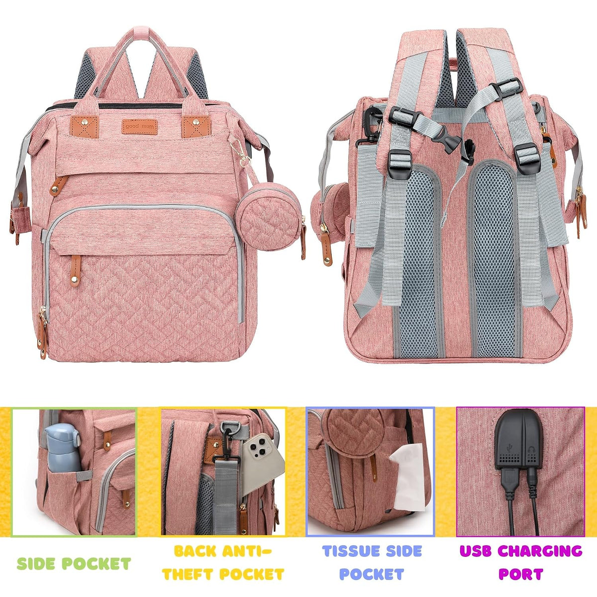 Diaper Bag Backpack with Changing Station, Black