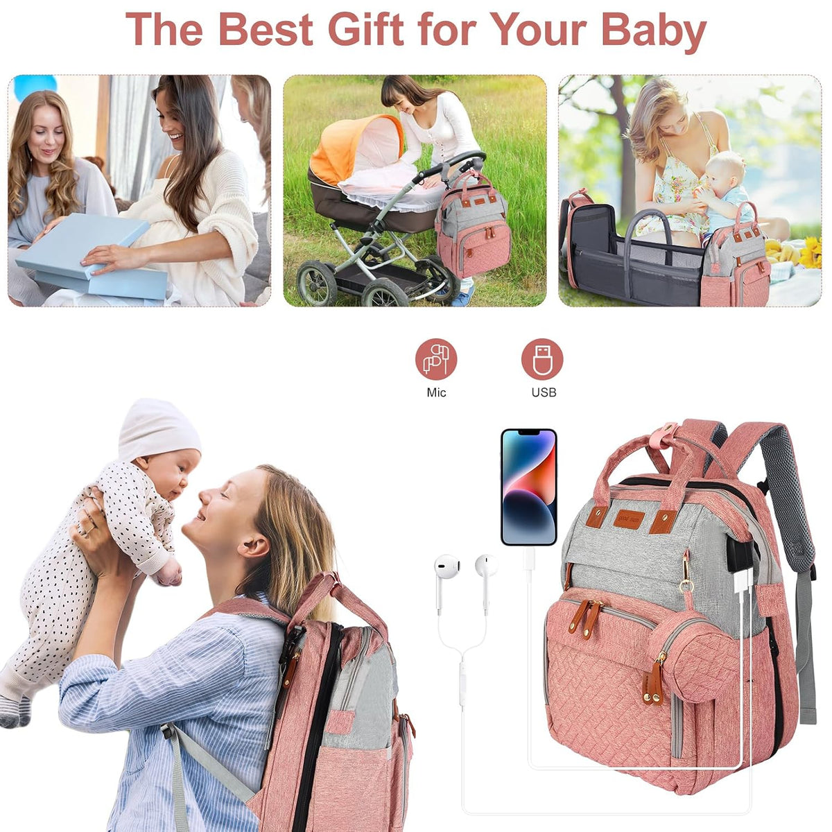 Diaper Bag Backpack with Changing Station, Black