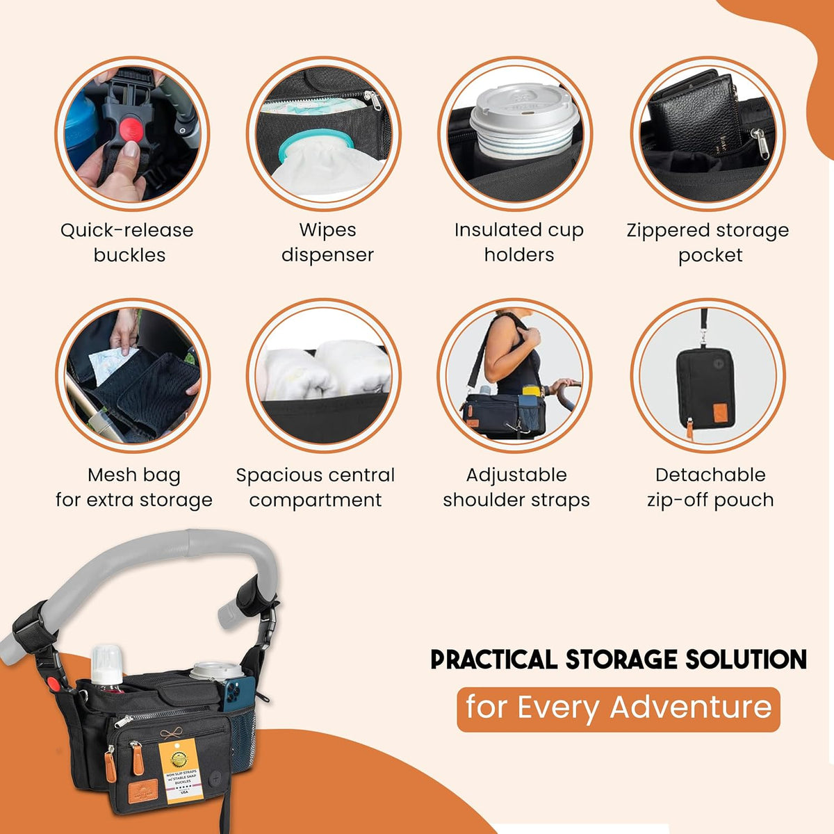 Universal Stroller Organizer with Cup Holder - Baby Caddy Organizer | Stroller Caddy Organizer w/ Anti-Slip Straps to Fit Various strollers like Uppababy, Doona, Nuna & More | Waterproof Walker Bag