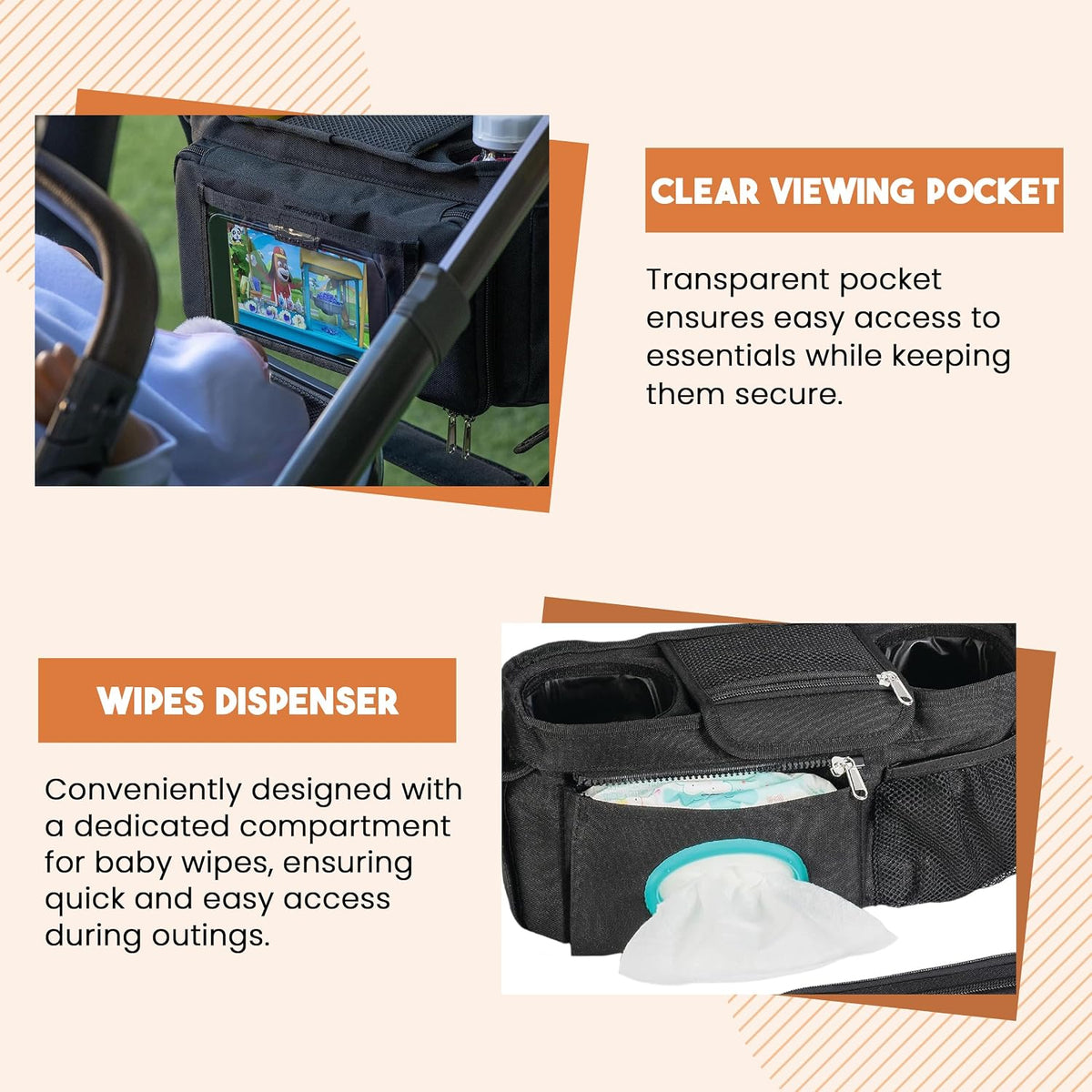 Universal Stroller Organizer with Cup Holder - Baby Caddy Organizer | Stroller Caddy Organizer w/ Anti-Slip Straps to Fit Various strollers like Uppababy, Doona, Nuna & More | Waterproof Walker Bag