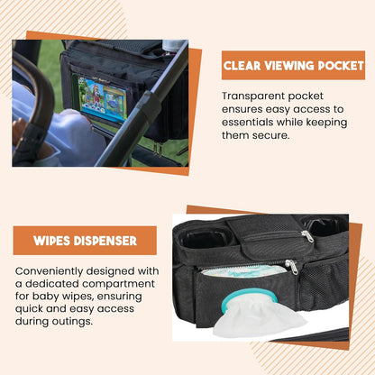 Universal Stroller Organizer with Cup Holder - Baby Caddy Organizer | Stroller Caddy Organizer w/ Anti-Slip Straps to Fit Various strollers like Uppababy, Doona, Nuna & More | Waterproof Walker Bag