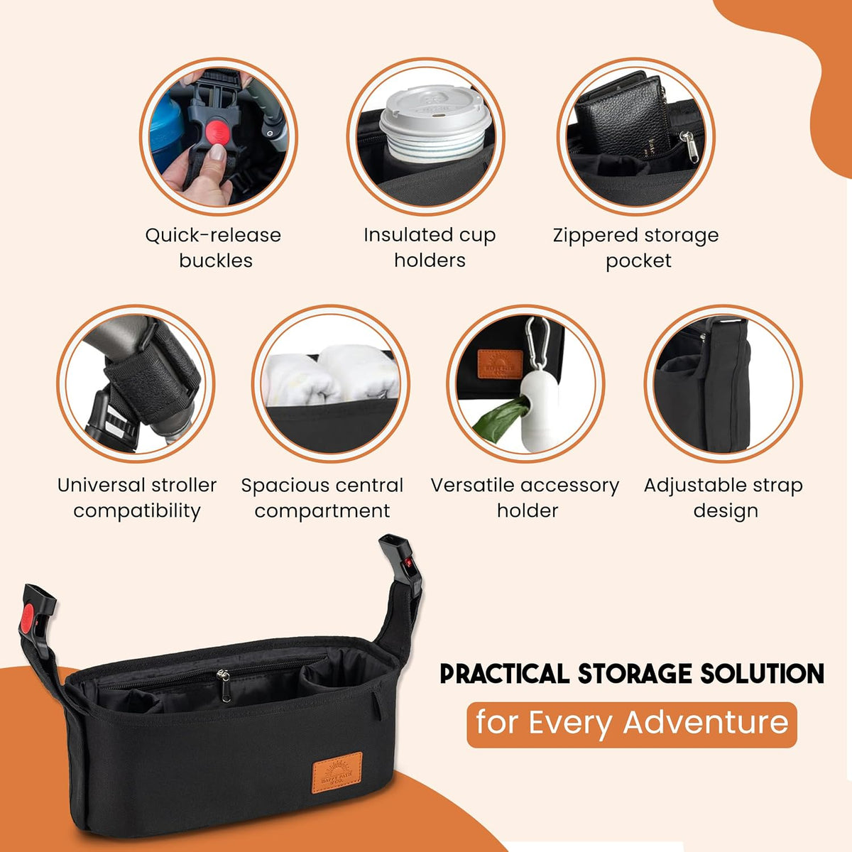 Universal Stroller Organizer with Cup Holder - Baby Caddy Organizer | Stroller Caddy Organizer w/ Anti-Slip Straps to Fit Various strollers like Uppababy, Doona, Nuna & More | Waterproof Walker Bag