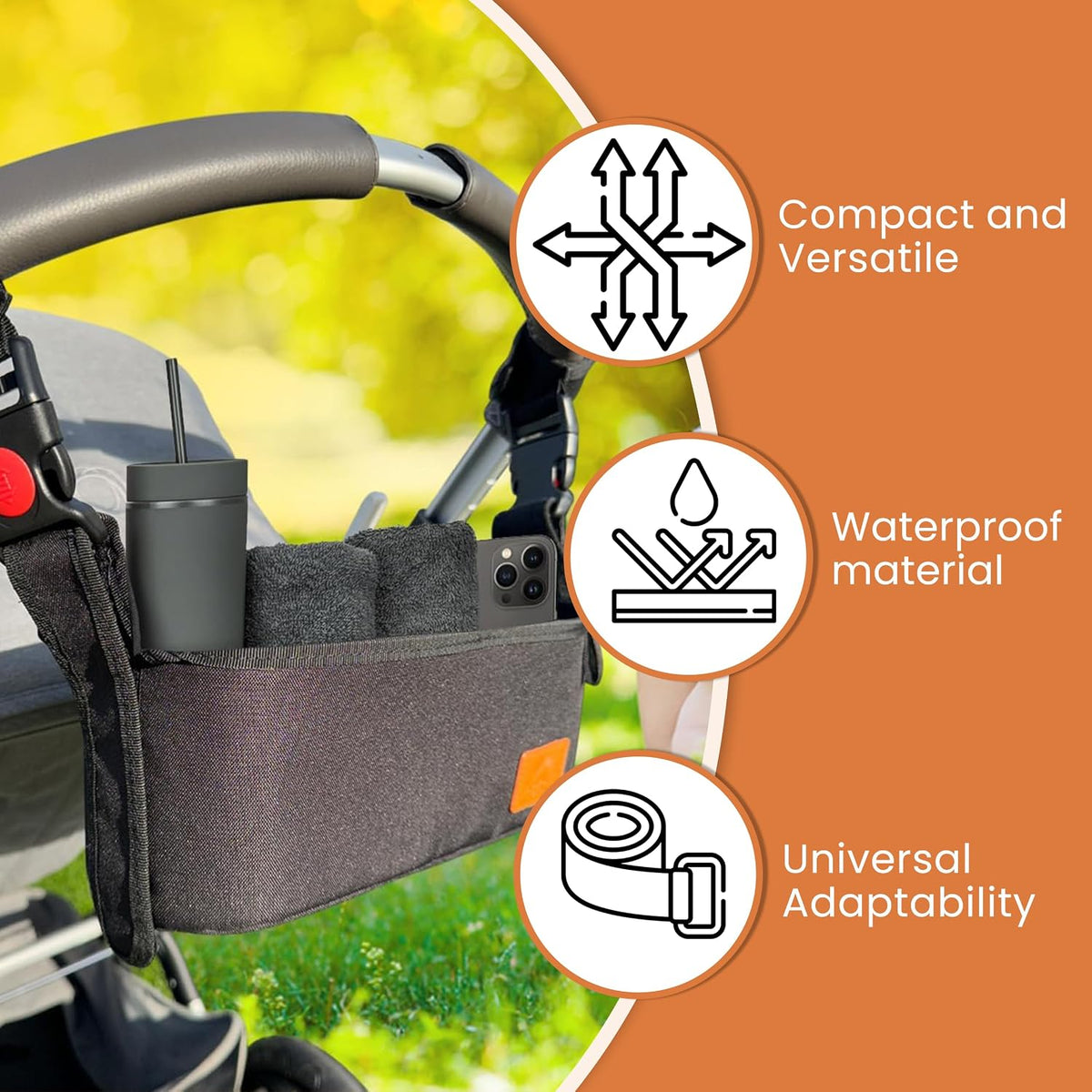 Universal Stroller Organizer with Cup Holder - Baby Caddy Organizer | Stroller Caddy Organizer w/ Anti-Slip Straps to Fit Various strollers like Uppababy, Doona, Nuna & More | Waterproof Walker Bag