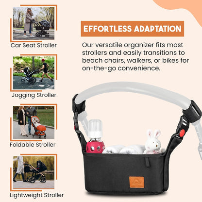 Universal Stroller Organizer with Cup Holder - Baby Caddy Organizer | Stroller Caddy Organizer w/ Anti-Slip Straps to Fit Various strollers like Uppababy, Doona, Nuna & More | Waterproof Walker Bag