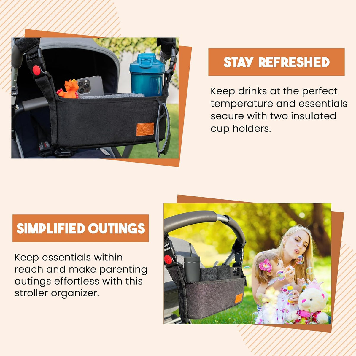 Universal Stroller Organizer with Cup Holder - Baby Caddy Organizer | Stroller Caddy Organizer w/ Anti-Slip Straps to Fit Various strollers like Uppababy, Doona, Nuna & More | Waterproof Walker Bag