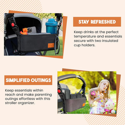 Universal Stroller Organizer with Cup Holder - Baby Caddy Organizer | Stroller Caddy Organizer w/ Anti-Slip Straps to Fit Various strollers like Uppababy, Doona, Nuna & More | Waterproof Walker Bag
