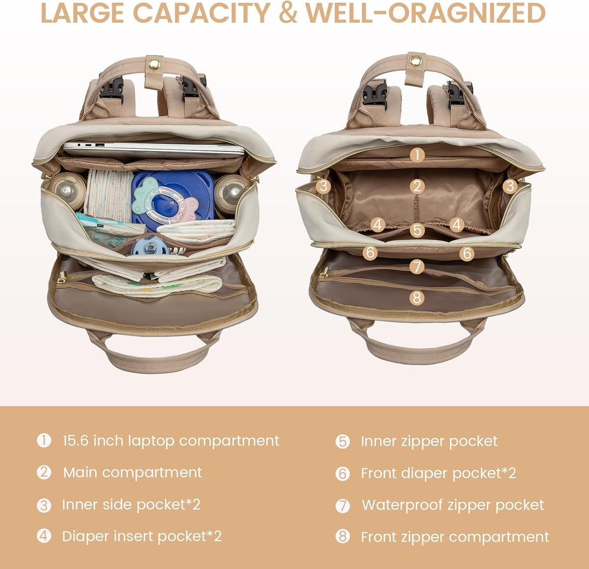 Diaper Bag Backpack with Changing Pad, Large Baby Bag, Beige-khaki