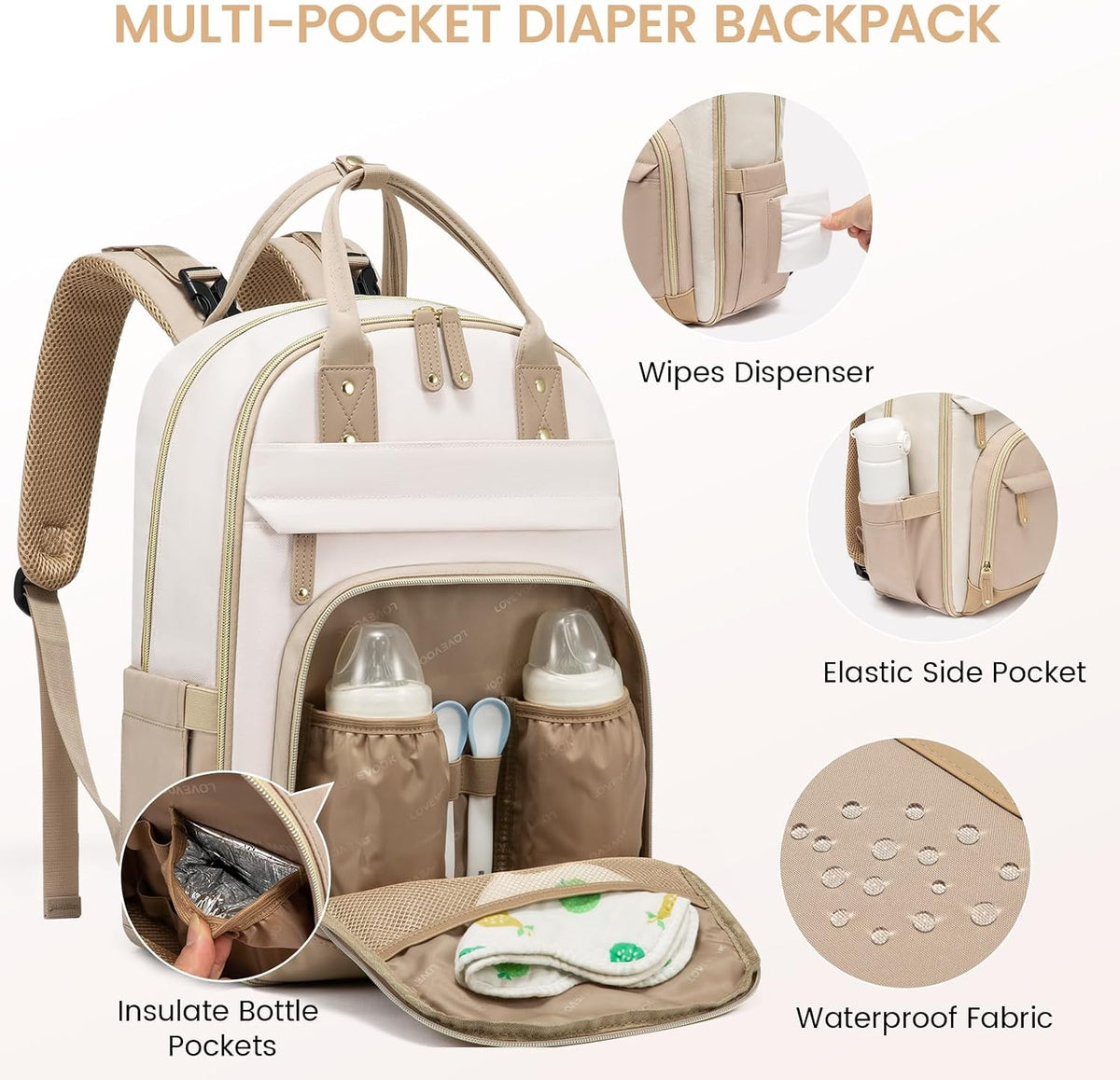 Diaper Bag Backpack with Changing Pad, Large Baby Bag, Beige-khaki