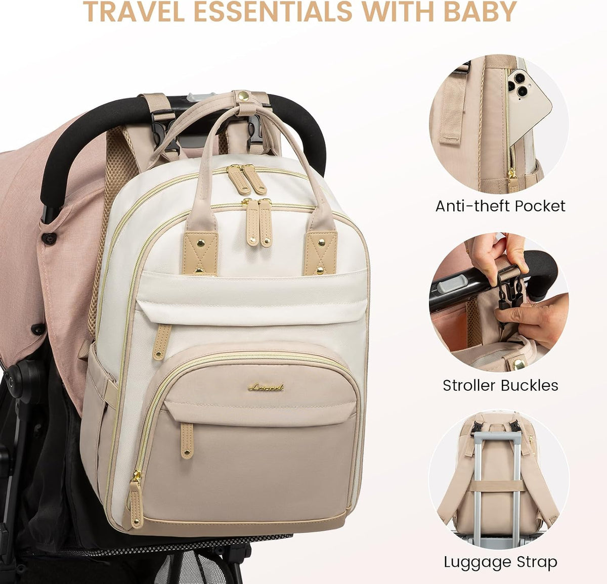 Diaper Bag Backpack with Changing Pad, Large Baby Bag, Beige-khaki