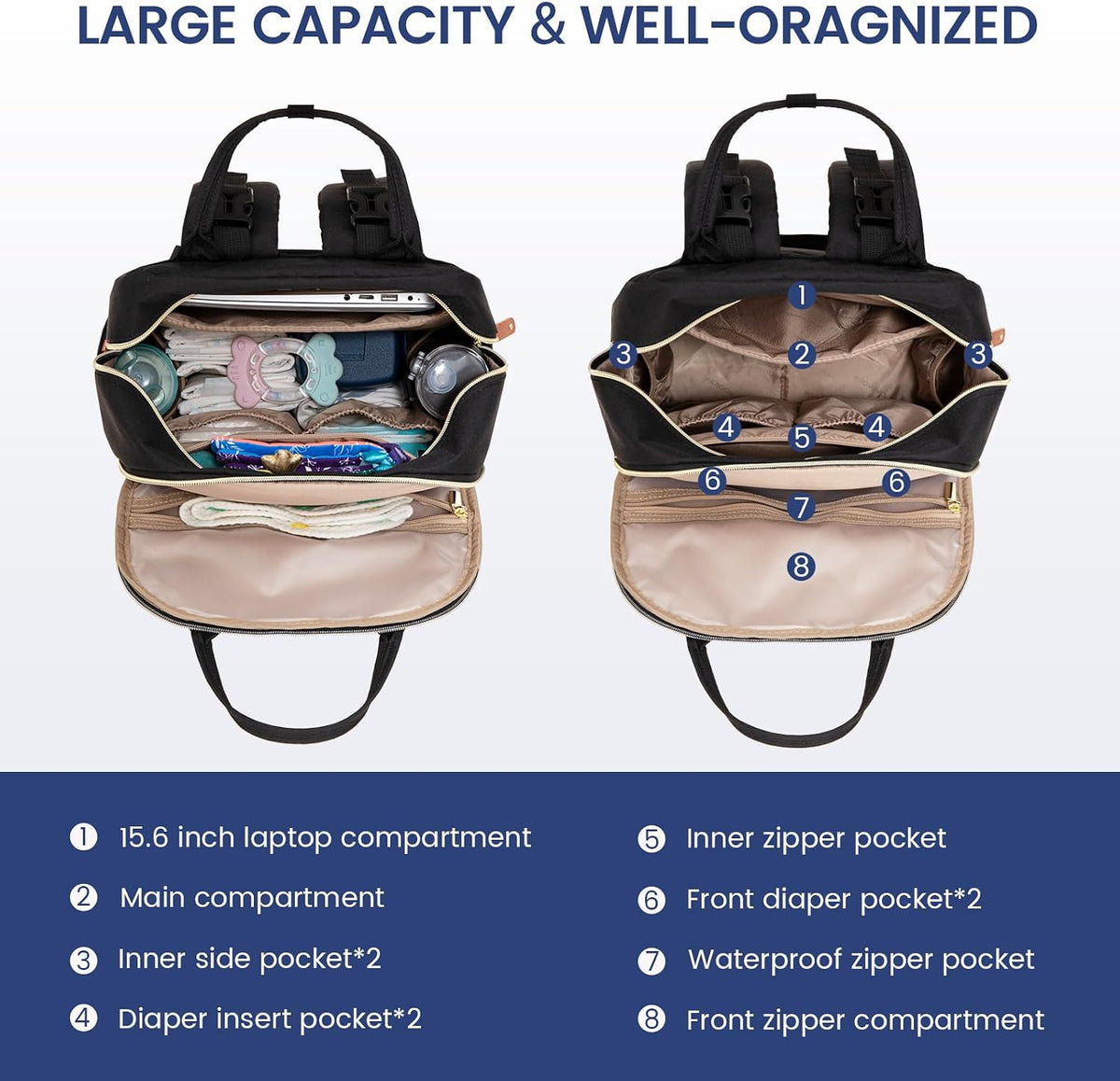 Diaper Bag Backpack with Changing Pad, Large Baby Bag, Beige-khaki