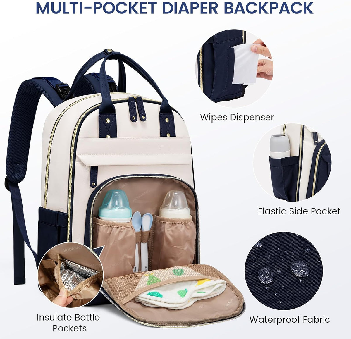 Diaper Bag Backpack with Changing Pad, Large Baby Bag, Beige-khaki