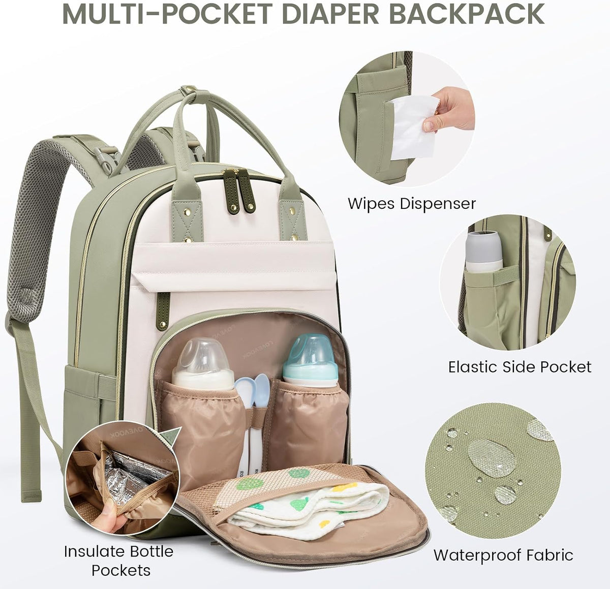 Diaper Bag Backpack with Changing Pad, Large Baby Bag, Beige-khaki