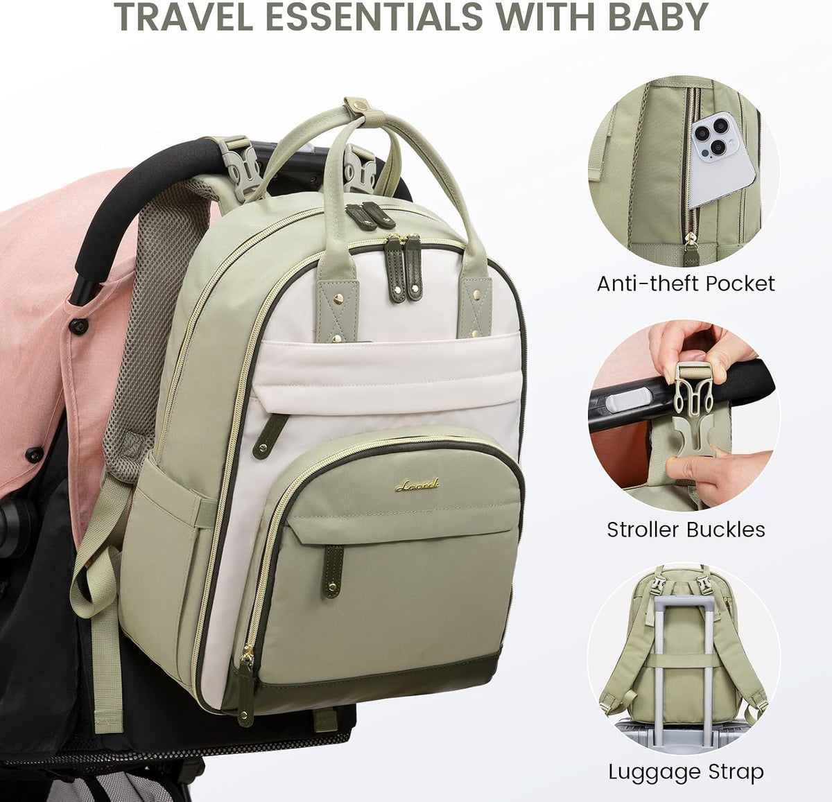 Diaper Bag Backpack with Changing Pad, Large Baby Bag, Beige-khaki