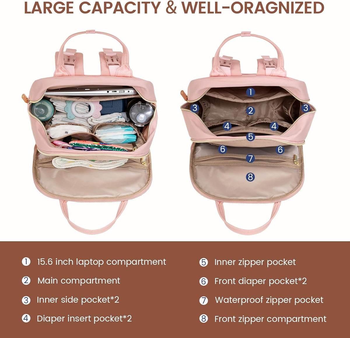Diaper Bag Backpack with Changing Pad, Large Baby Bag, Beige-khaki
