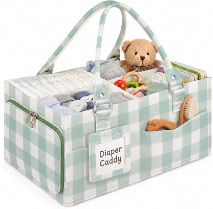 Diaper Caddy Organizer, Nursery Storage Basket with Side Pockets & Dividers