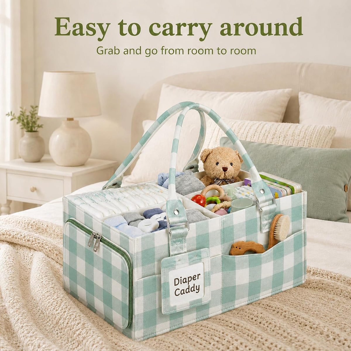 Diaper Caddy Organizer, Nursery Storage Basket with Side Pockets & Dividers
