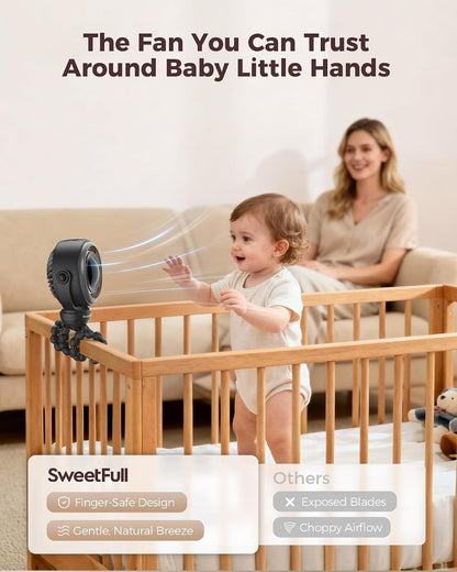 Baby Stroller Fan, Safe Portable Fan, 15H Use, Nightlight - Black