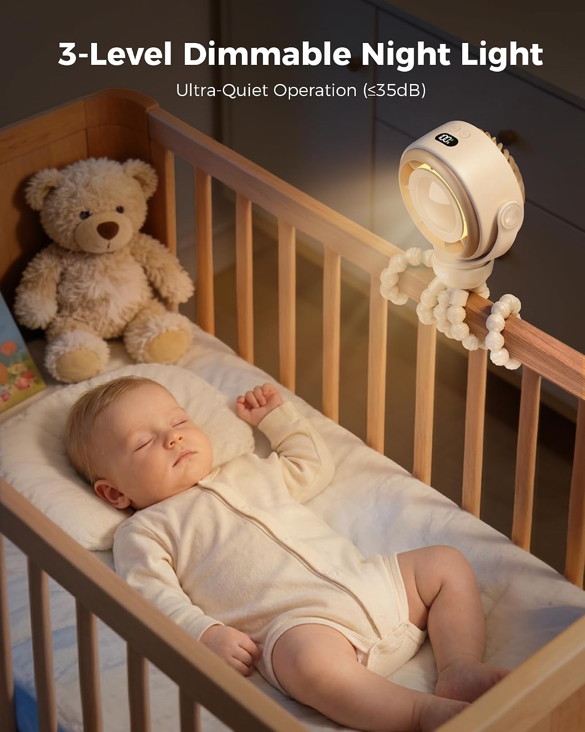 Baby Stroller Fan, Safe Portable Fan, 15H Use, Nightlight - Black