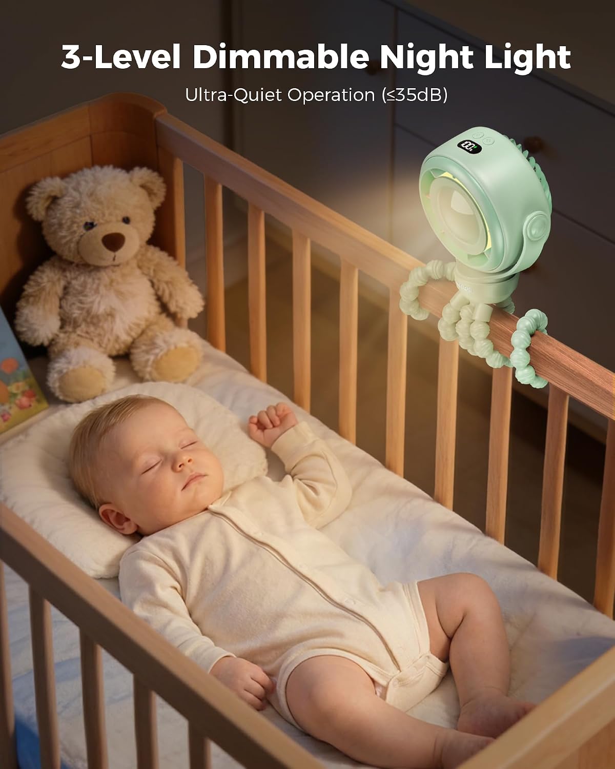 Baby Stroller Fan, Safe Portable Fan, 15H Use, Nightlight - Black