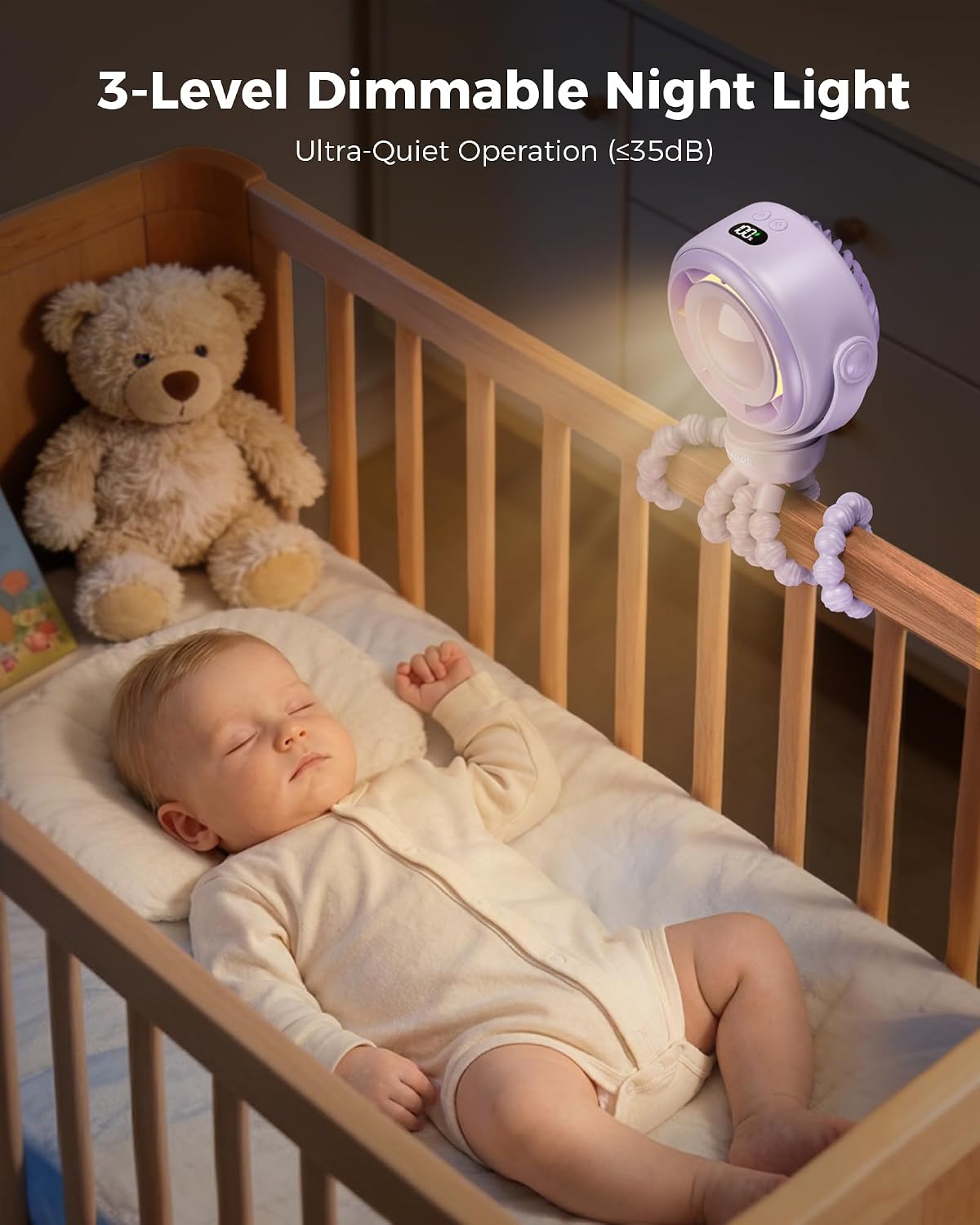 Baby Stroller Fan, Safe Portable Fan, 15H Use, Nightlight - Black