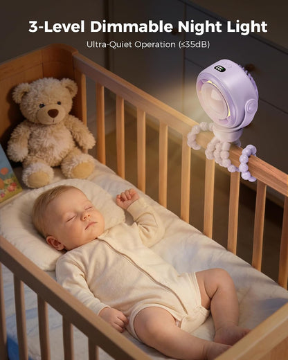 Baby Stroller Fan, Safe Portable Fan, 15H Use, Nightlight - Black