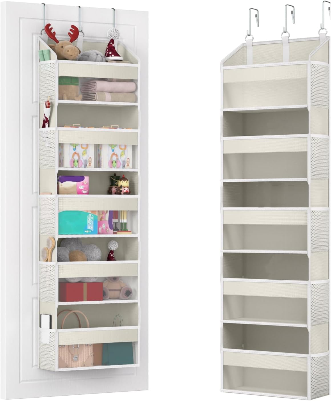 Over the Door Organizer with 5 Front & 10 MeshSide Pockets,Heavy Duty Hanging Storage Organizer 50LB Capacity Nursery & Bathroom Multi-Room Space-Saving Design with 3 Hook for Kitchen, Pantry,Grey