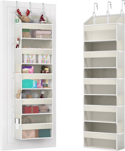 Over the Door Organizer with 5 Front & 10 MeshSide Pockets,Heavy Duty Hanging Storage Organizer 50LB Capacity Nursery & Bathroom Multi-Room Space-Saving Design with 3 Hook for Kitchen, Pantry,Grey