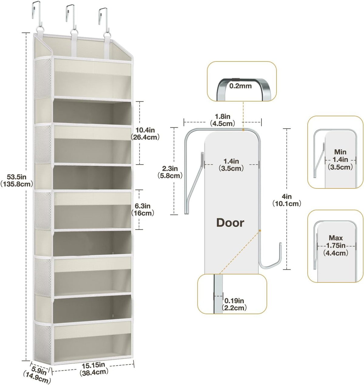 Over the Door Organizer with 5 Front & 10 MeshSide Pockets,Heavy Duty Hanging Storage Organizer 50LB Capacity Nursery & Bathroom Multi-Room Space-Saving Design with 3 Hook for Kitchen, Pantry,Grey