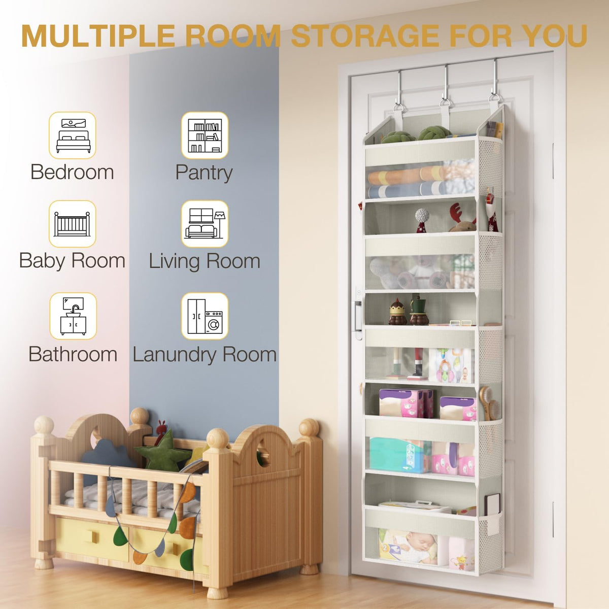 Over the Door Organizer with 5 Front & 10 MeshSide Pockets,Heavy Duty Hanging Storage Organizer 50LB Capacity Nursery & Bathroom Multi-Room Space-Saving Design with 3 Hook for Kitchen, Pantry,Grey