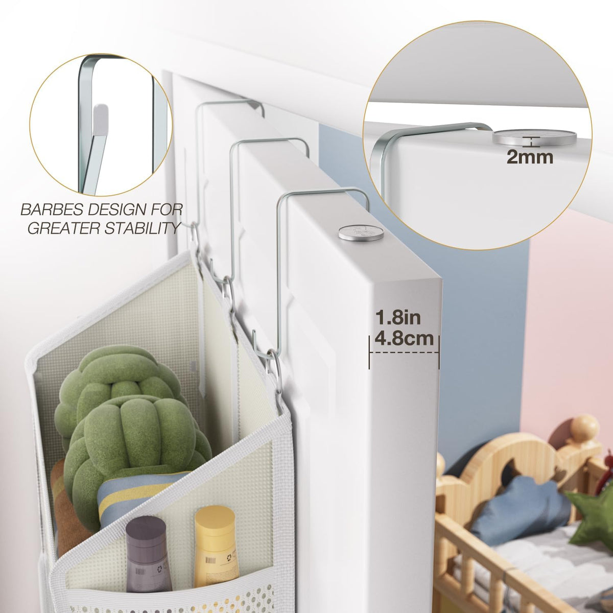 Over the Door Organizer with 5 Front & 10 MeshSide Pockets,Heavy Duty Hanging Storage Organizer 50LB Capacity Nursery & Bathroom Multi-Room Space-Saving Design with 3 Hook for Kitchen, Pantry,Grey