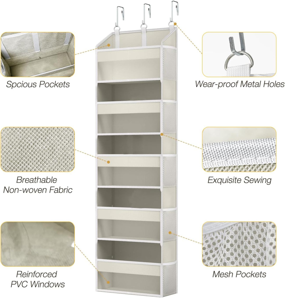 Over the Door Organizer with 5 Front & 10 MeshSide Pockets,Heavy Duty Hanging Storage Organizer 50LB Capacity Nursery & Bathroom Multi-Room Space-Saving Design with 3 Hook for Kitchen, Pantry,Grey