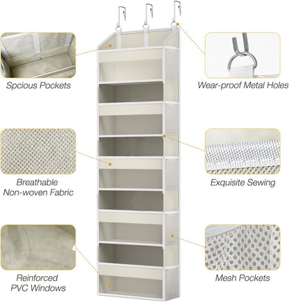 Over the Door Organizer with 5 Front & 10 MeshSide Pockets,Heavy Duty Hanging Storage Organizer 50LB Capacity Nursery & Bathroom Multi-Room Space-Saving Design with 3 Hook for Kitchen, Pantry,Grey