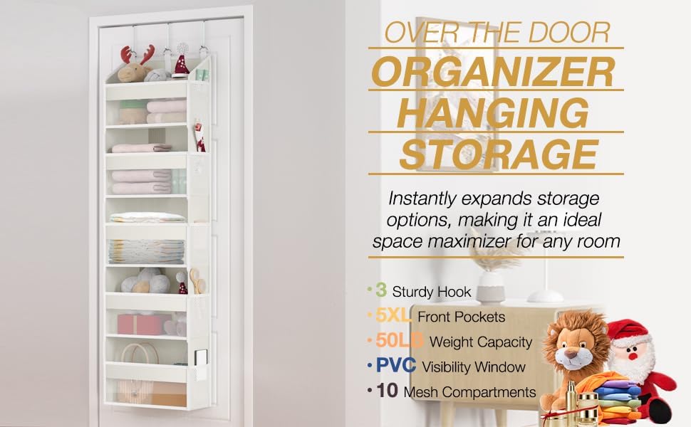 Over the Door Organizer with 5 Front & 10 MeshSide Pockets,Heavy Duty Hanging Storage Organizer 50LB Capacity Nursery & Bathroom Multi-Room Space-Saving Design with 3 Hook for Kitchen, Pantry,Grey