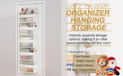 Over the Door Organizer with 5 Front & 10 MeshSide Pockets,Heavy Duty Hanging Storage Organizer 50LB Capacity Nursery & Bathroom Multi-Room Space-Saving Design with 3 Hook for Kitchen, Pantry,Grey