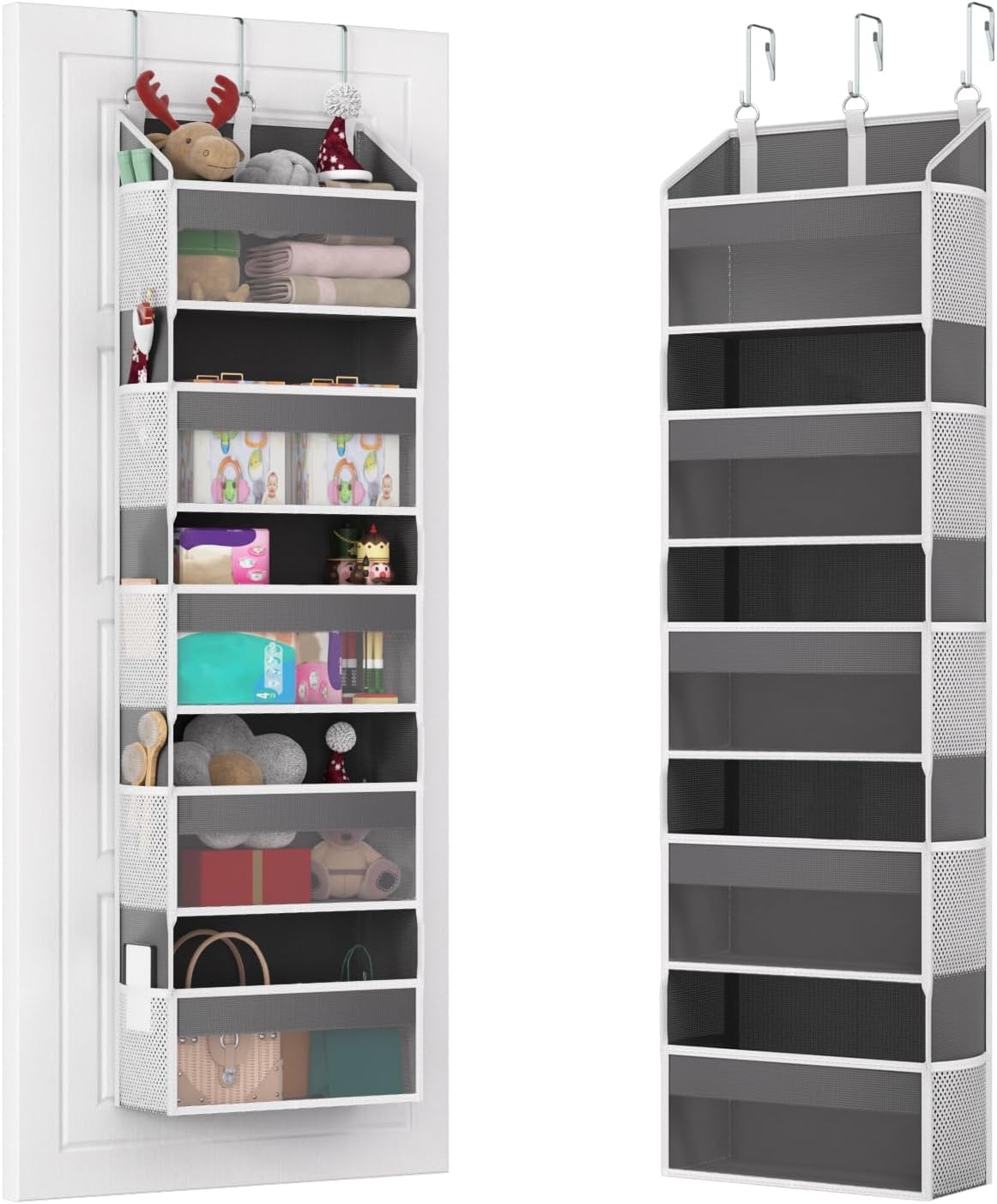Over the Door Organizer with 5 Front & 10 MeshSide Pockets,Heavy Duty Hanging Storage Organizer 50LB Capacity Nursery & Bathroom Multi-Room Space-Saving Design with 3 Hook for Kitchen, Pantry,Grey