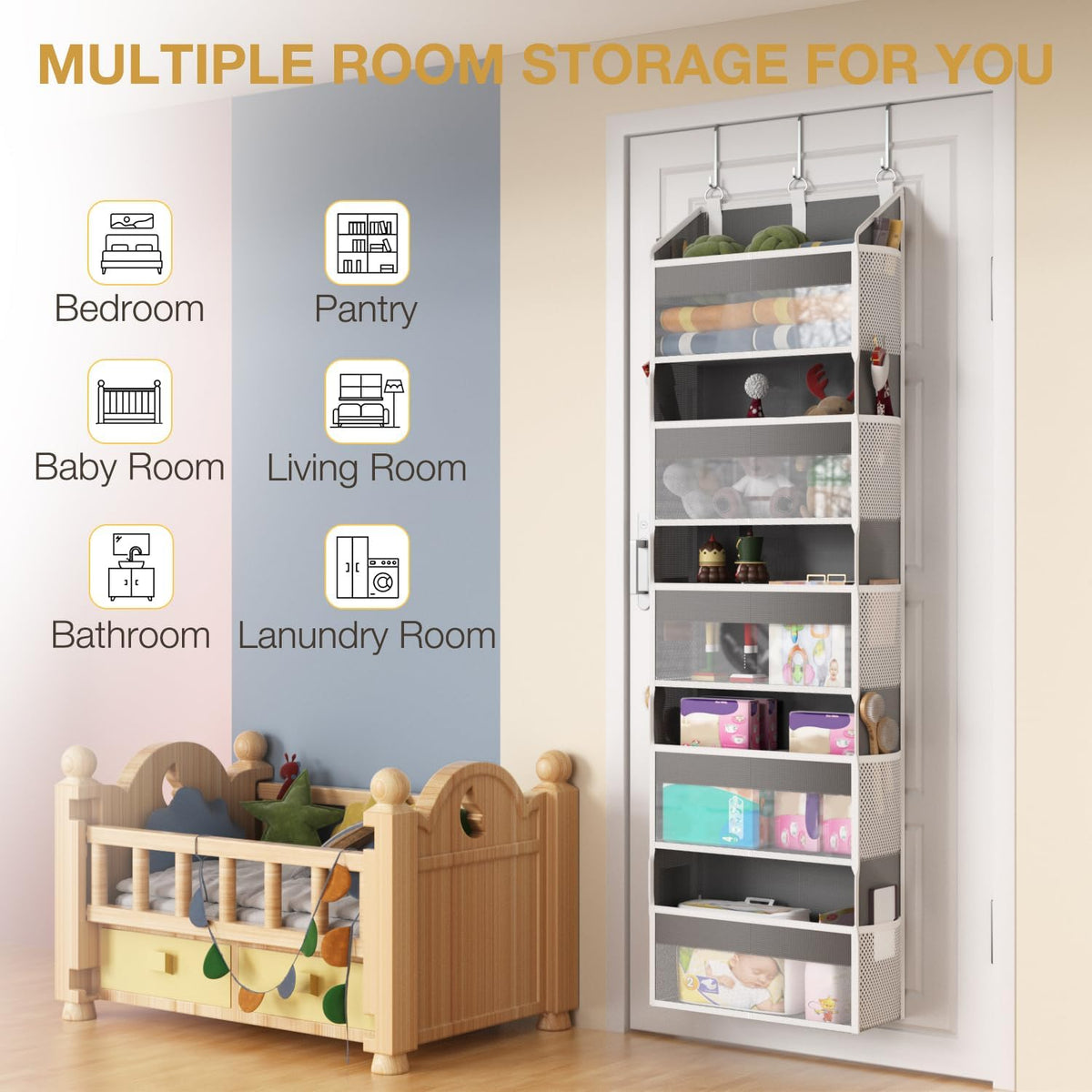 Over the Door Organizer with 5 Front & 10 MeshSide Pockets,Heavy Duty Hanging Storage Organizer 50LB Capacity Nursery & Bathroom Multi-Room Space-Saving Design with 3 Hook for Kitchen, Pantry,Grey
