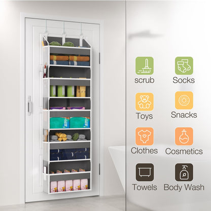 Over the Door Organizer with 5 Front & 10 MeshSide Pockets,Heavy Duty Hanging Storage Organizer 50LB Capacity Nursery & Bathroom Multi-Room Space-Saving Design with 3 Hook for Kitchen, Pantry,Grey