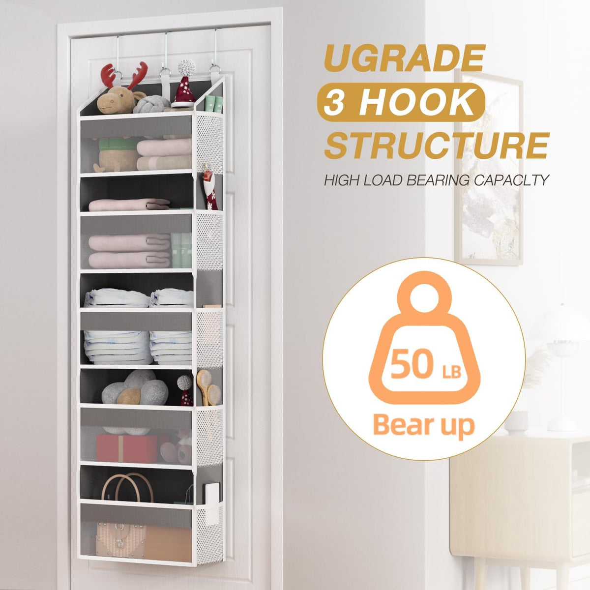 Over the Door Organizer with 5 Front & 10 MeshSide Pockets,Heavy Duty Hanging Storage Organizer 50LB Capacity Nursery & Bathroom Multi-Room Space-Saving Design with 3 Hook for Kitchen, Pantry,Grey