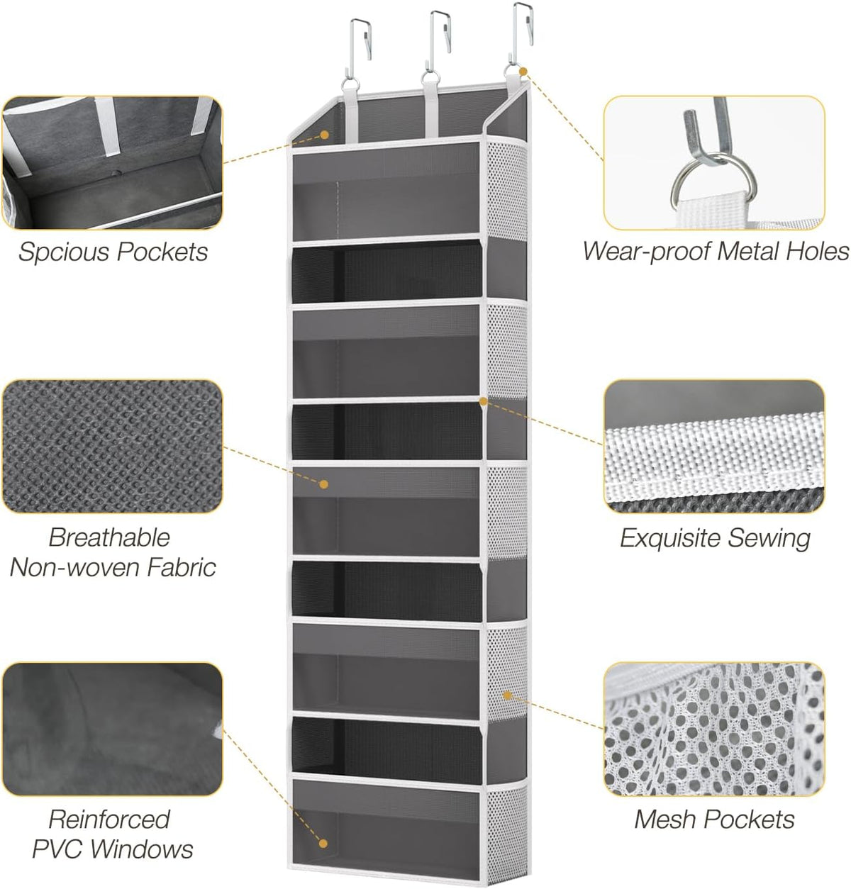 Over the Door Organizer with 5 Front & 10 MeshSide Pockets,Heavy Duty Hanging Storage Organizer 50LB Capacity Nursery & Bathroom Multi-Room Space-Saving Design with 3 Hook for Kitchen, Pantry,Grey