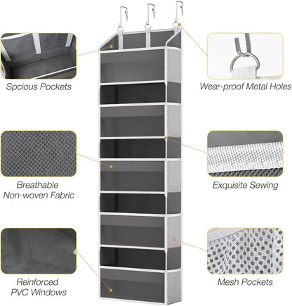 Over the Door Organizer with 5 Front & 10 MeshSide Pockets,Heavy Duty Hanging Storage Organizer 50LB Capacity Nursery & Bathroom Multi-Room Space-Saving Design with 3 Hook for Kitchen, Pantry,Grey