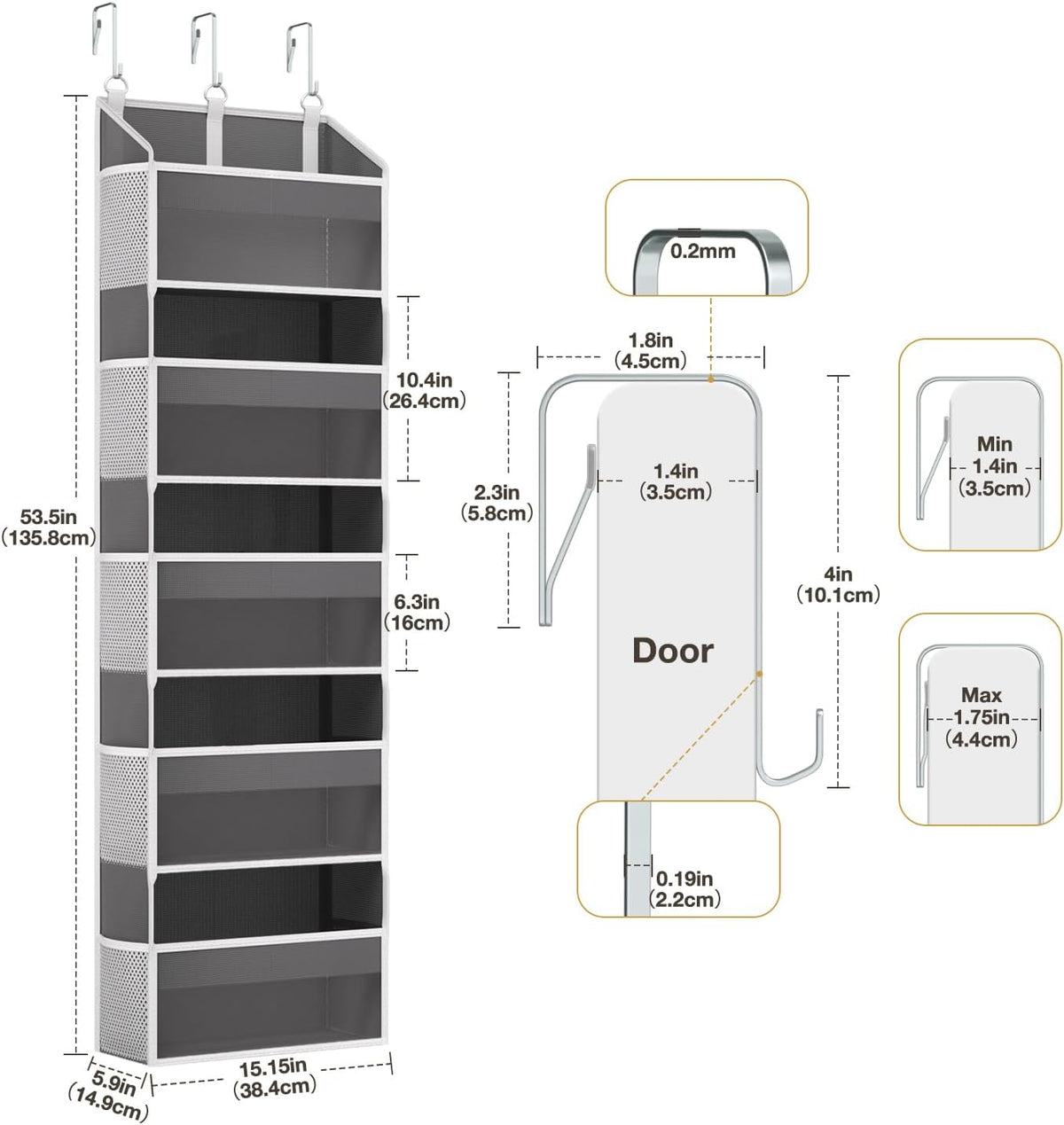 Over the Door Organizer with 5 Front & 10 MeshSide Pockets,Heavy Duty Hanging Storage Organizer 50LB Capacity Nursery & Bathroom Multi-Room Space-Saving Design with 3 Hook for Kitchen, Pantry,Grey
