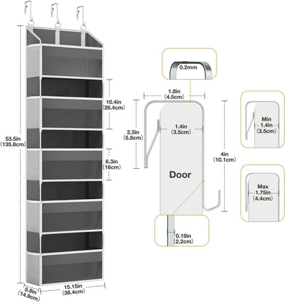 Over the Door Organizer with 5 Front & 10 MeshSide Pockets,Heavy Duty Hanging Storage Organizer 50LB Capacity Nursery & Bathroom Multi-Room Space-Saving Design with 3 Hook for Kitchen, Pantry,Grey