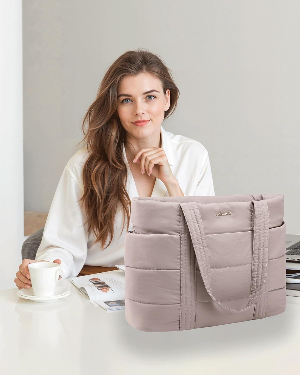 Tote Bag for Women, Large Puffer Work Tote Bag for 15.6 Inch Laptop, Lightweight Travel Tote with Zipper Gifts for Women
