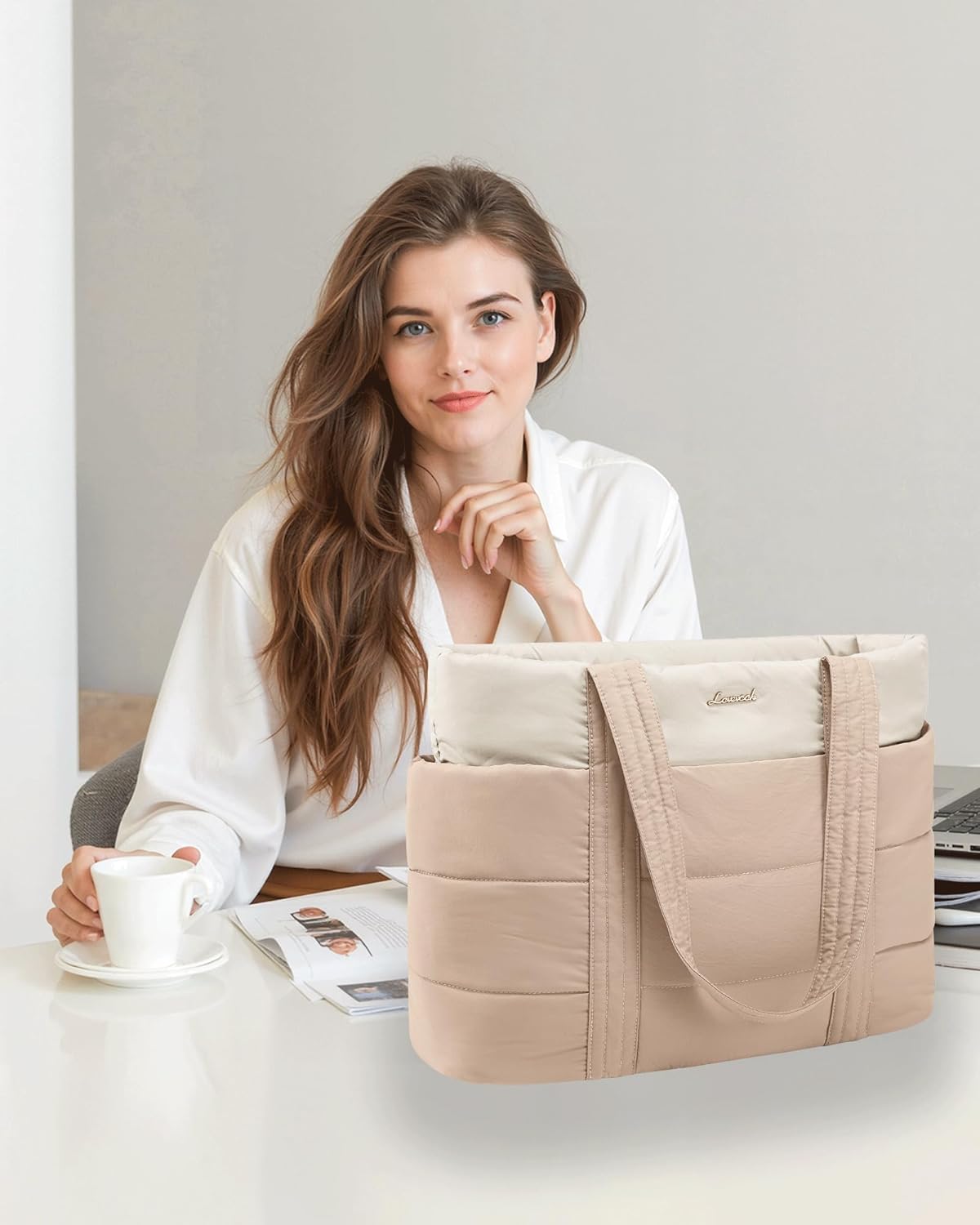 Tote Bag for Women, Large Puffer Work Tote Bag for 15.6 Inch Laptop, Lightweight Travel Tote with Zipper Gifts for Women